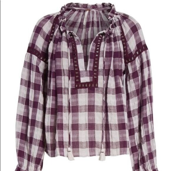Free People Honey Grove Plaid Blouse Long Sleeve Flowy Boho Top Purple - Picture 4 of 8